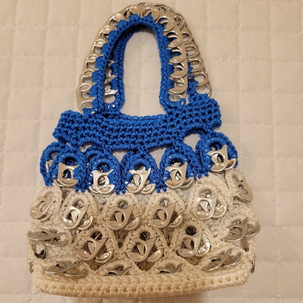 Upcycled Handmade Crochet Soda Pop Tab Mini Tote Bag Royal Blue White Recycle